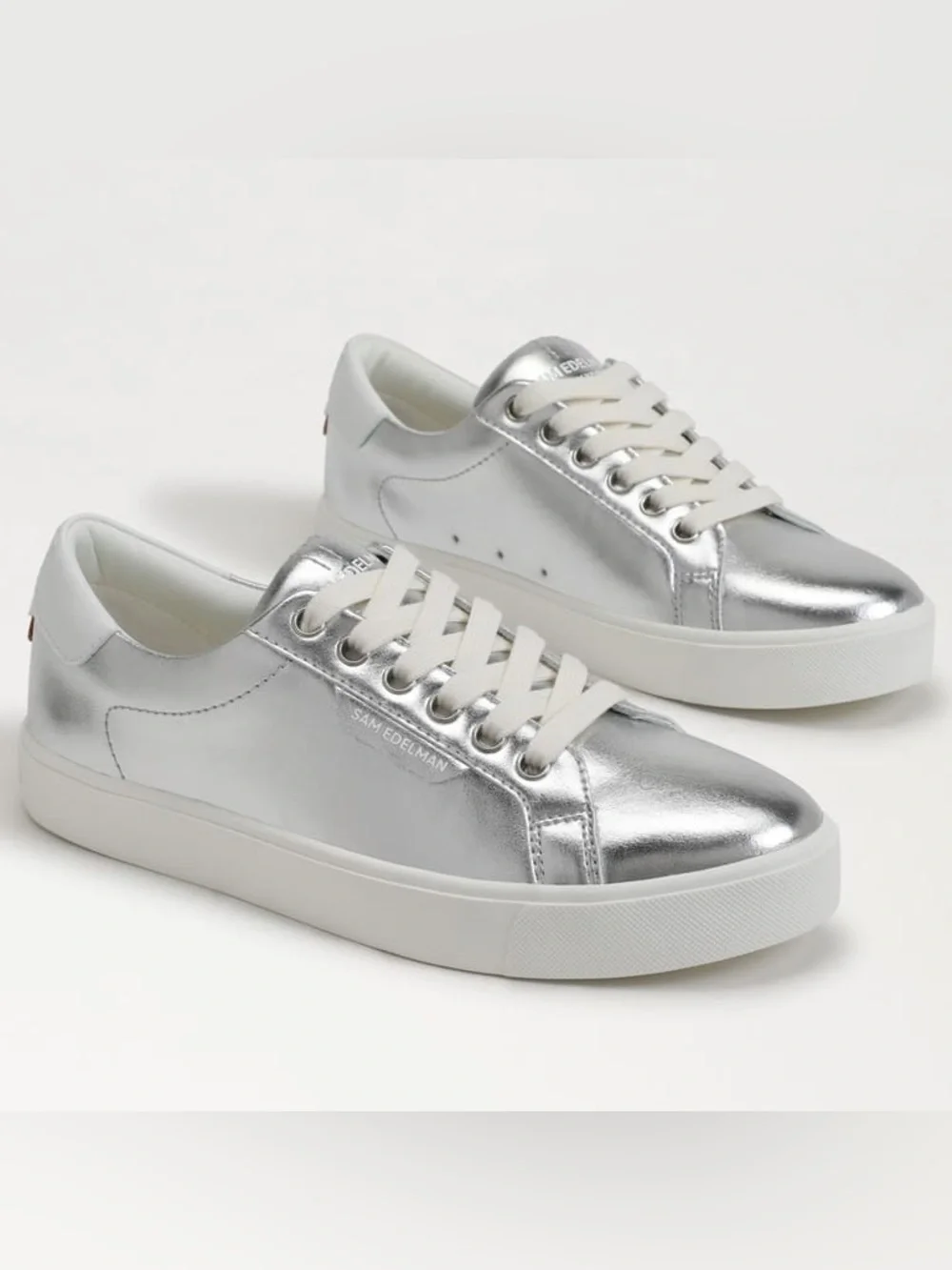 Sam Edelman Ethyl Lace Up Metallic Silver Leather Sneakers Size 9